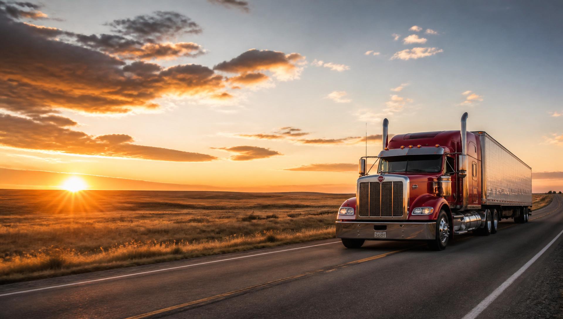 Red Peterbilt semi-truck pulling a dry-van trailer on a Wetaskiwin, Alberta highway at golden hour